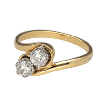 Load image into Gallery viewer, Bring timeless elegance and refined sparkle to your collection with this pre-owned 18ct yellow gold double diamond twist ring—perfect for marking a special occasion or adding luxury to everyday wear.

Design: The ring features a graceful twist design holding two diamonds, each approximately 0.25ct, for a total of around 0.50ct of diamond content.
Material: Made from 18-carat yellow gold, the polished finish complements the brilliance of the diamonds and adds a warm, luxurious tone.

