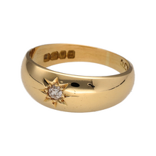 Load image into Gallery viewer, Bring vintage-inspired charm and refined sparkle to your collection with this pre-owned 18ct yellow gold diamond starburst set band ring—perfect for adding elegance to both everyday wear and special occasions.

Design: The ring features a 7mm wide front with a single diamond set in a classic starburst pattern, creating a timeless and eye-catching focal point.
Material: Made from 18-carat yellow gold, the polished finish enhances the warm tone and complements the diamond’s brilliance.


