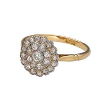 Load image into Gallery viewer, Bring vintage charm and brilliant sparkle to your collection with this pre-owned 18ct yellow gold diamond flower cluster ring—a timeless design with elegant character.

Design: The ring showcases a floral cluster arrangement of diamonds, forming a bold 12mm high front for a radiant and eye-catching look.
Material: Made from 18-carat yellow gold, the polished finish enhances the warm tone of the gold and the sparkle of the diamonds.

