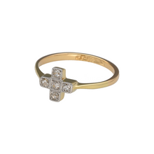 Load image into Gallery viewer, Bring vintage elegance and geometric sparkle to your collection with this pre-owned 18ct yellow gold and platinum diamond cross ring—an Art Deco inspired design with timeless appeal.

Design: The ring features a diamond-set cross motif on the front, measuring 7mm high, with angular detailing characteristic of the Art Deco era.
Material: Made from 18-carat yellow gold with platinum detailing, the polished finish enhances the contrast between the metals and the sparkle of the diamonds.

