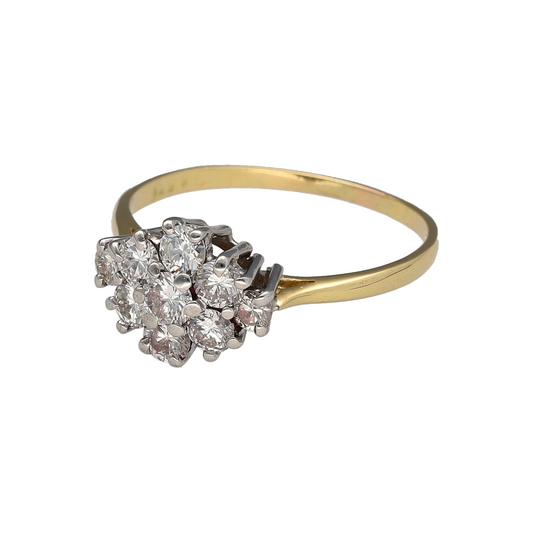 Bring dazzling brilliance and refined elegance to your collection with this pre-owned 18ct yellow gold diamond cluster ring—a timeless design with impressive sparkle.

Design: The ring showcases a classic cluster arrangement with diamonds totalling approximately 0.86ct, creating a bold and radiant look.
Material: Made from 18-carat yellow gold, the polished finish complements the bright sparkle of the diamonds and adds lasting luxury.