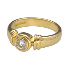 Load image into Gallery viewer, Bring timeless elegance and refined sparkle to your collection with this pre-owned 18ct gold diamond rubover set ring, offering a sleek and sophisticated design—perfect for everyday wear or special occasions.

Design: The ring features a single round diamond of approximately 0.25ct in a secure rubover setting, creating a smooth and contemporary look.
Material: Made from 18-carat gold, the polished finish provides a luxurious backdrop that enhances the brilliance of the diamond.

