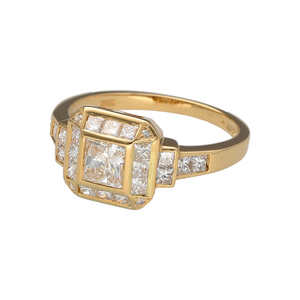 Bring brilliance and timeless elegance to your collection with this pre-owned 18ct yellow gold halo ring, showcasing a princess-cut diamond centre framed by a sparkling diamond surround.

Design: The front of the ring measures 10mm high and features a princess-cut diamond at the centre, encircled by a halo of matching princess-cut diamonds for maximum sparkle.
Material: Made from 18-carat yellow gold, the polished finish enhances the warm tone while highlighting the brilliance of the diamonds.