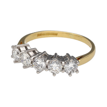 Load image into Gallery viewer, Bring brilliance and timeless elegance to your collection with this pre-owned 18ct yellow gold band ring, styled with five sparkling brilliant-cut diamonds.

Design: The band is set with five round brilliant-cut diamonds, offering a balanced display of sparkle across the front of the ring.
Material: Made from 18-carat yellow gold, the polished finish enhances the warm tone and provides a refined backdrop for the stones.
