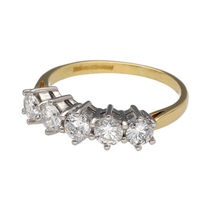 Bring brilliance and timeless elegance to your collection with this pre-owned 18ct yellow gold band ring, styled with five sparkling brilliant-cut diamonds.

Design: The band is set with five round brilliant-cut diamonds, offering a balanced display of sparkle across the front of the ring.
Material: Made from 18-carat yellow gold, the polished finish enhances the warm tone and provides a refined backdrop for the stones.