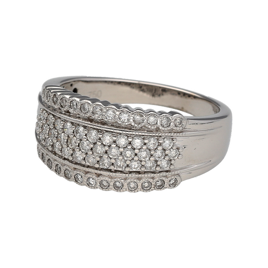 Add bold sparkle to your collection with this pre-owned 18ct white gold diamond wide band ring, a statement piece with timeless elegance.

Design: The ring features a 10mm wide band, set with diamonds across the front for a striking and radiant look.
Material: Made in 18-carat white gold, the polished finish provides a sleek backdrop that enhances the brilliance of the diamonds.
Ring Detail: Holding approximately 0.60ct of total diamond content, this wide band design offers refined sparkle and modern style.