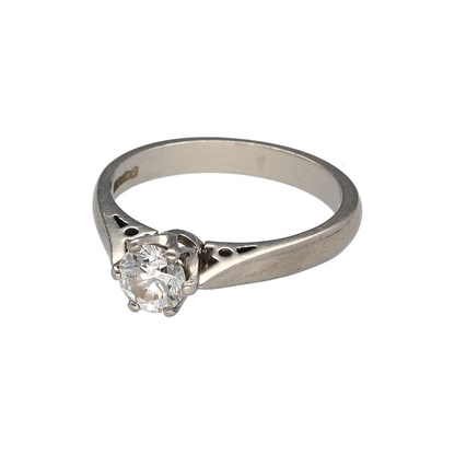 Celebrate timeless luxury with this pre-owned platinum diamond solitaire ring, a classic design that showcases the enduring beauty of a single sparkling stone.

Design: The ring features a brilliant-cut diamond of approximately 0.50ct, displayed in a traditional solitaire setting for maximum brilliance.
Material: Made in platinum, the polished finish provides a bright, durable backdrop that enhances the fire of the diamond.