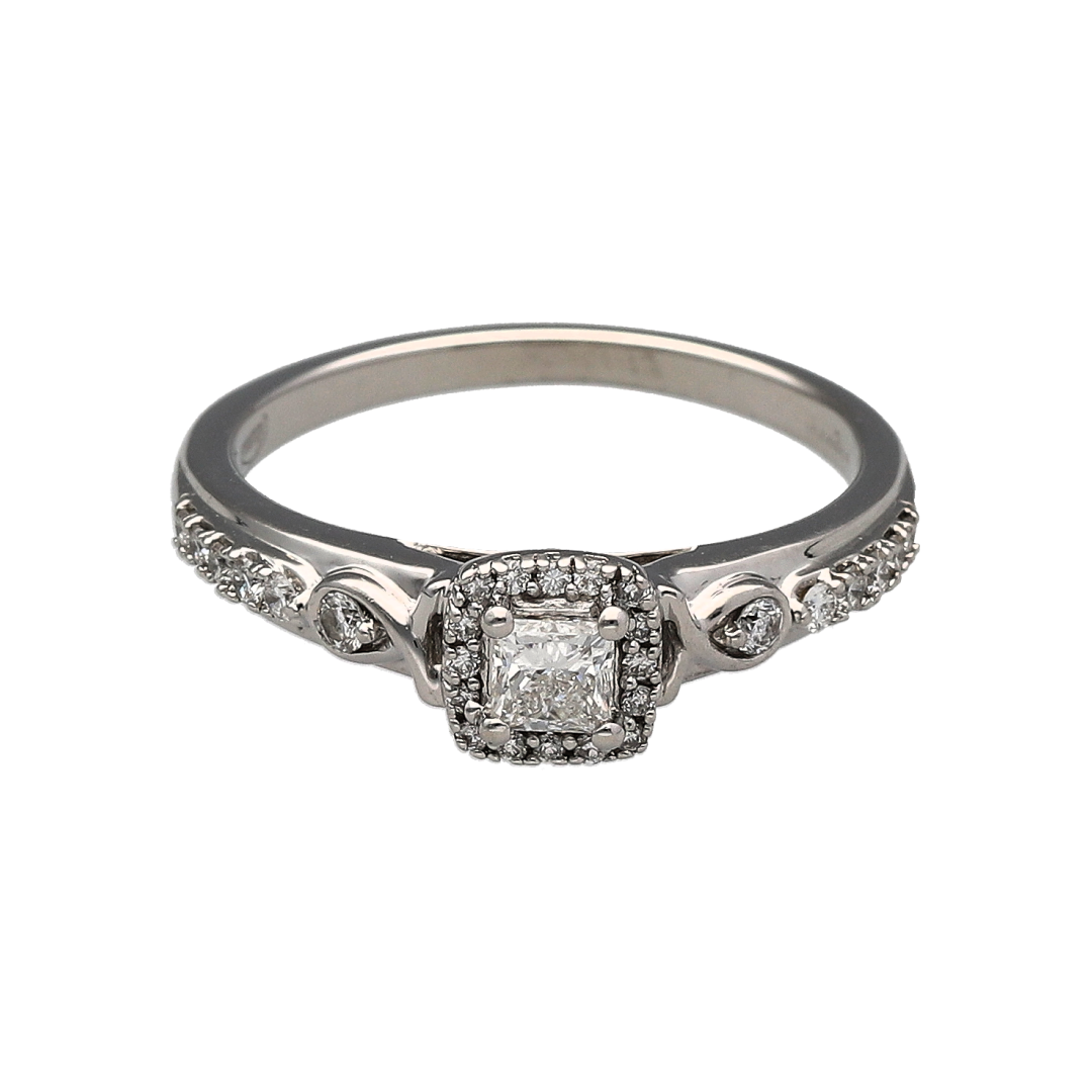 18ct White Gold & Diamond Set Princess Cut Halo Ring