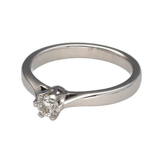 Bring timeless sparkle and classic beauty to your collection with this pre-owned 18ct white gold diamond solitaire ring, a refined piece perfect for marking life’s most special occasions.

Design: The ring features a single brilliant-cut diamond of approximately 0.25ct, offering elegant simplicity with radiant sparkle.
Material: Made from 18-carat white gold, the polished finish enhances the brilliance of the diamond and provides a sleek, modern appearance.