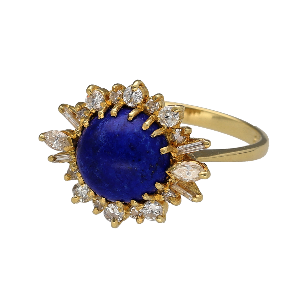 Bring striking colour and elegant sparkle to your collection with this pre-owned 18ct yellow gold diamond and lapis lazuli cluster ring, a bold and eye-catching design.

Design: The ring features a 10mm round lapis lazuli stone at the centre, surrounded by a cluster of brilliant, marquise, and baguette-cut diamonds for a unique and radiant finish.
Material: Made from 18-carat yellow gold, the polished finish enhances the rich blue tones of the lapis and the brilliance of the diamonds.