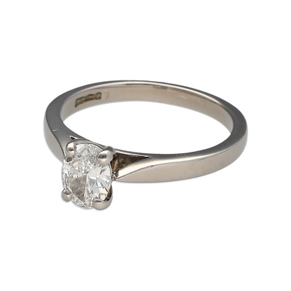 Bring timeless sophistication and radiant sparkle to your collection with this pre-owned platinum diamond oval solitaire ring—a classic design that embodies elegance and enduring beauty.

Design: The ring features an oval-cut diamond of approximately 0.61ct, showcasing graceful proportions and captivating brilliance. With an estimated clarity of Si1 and colour J–K, the diamond offers beautiful sparkle and warmth, enhanced by its refined solitaire setting.