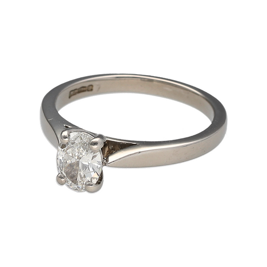 Bring timeless sophistication and radiant sparkle to your collection with this pre-owned platinum diamond oval solitaire ring—a classic design that embodies elegance and enduring beauty.

Design: The ring features an oval-cut diamond of approximately 0.61ct, showcasing graceful proportions and captivating brilliance. With an estimated clarity of Si1 and colour J–K, the diamond offers beautiful sparkle and warmth, enhanced by its refined solitaire setting.