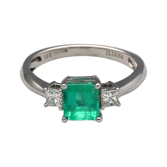 18ct White Gold Diamond & Emerald Set Trilogy Cocktail Ring