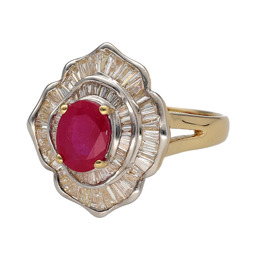Bring opulent colour and exquisite sparkle to your collection with this pre-owned 18ct yellow and white gold diamond and ruby set flower-style cluster ring—a luxurious statement piece inspired by timeless glamour.

Design: The ring features a striking 8mm by 6mm oval ruby at the centre, surrounded by a double row of baguette-cut diamonds arranged in a radiant flower-style cluster. With approximately 2.16ct of diamond content in total, the design creates a captivating play of colour and light.