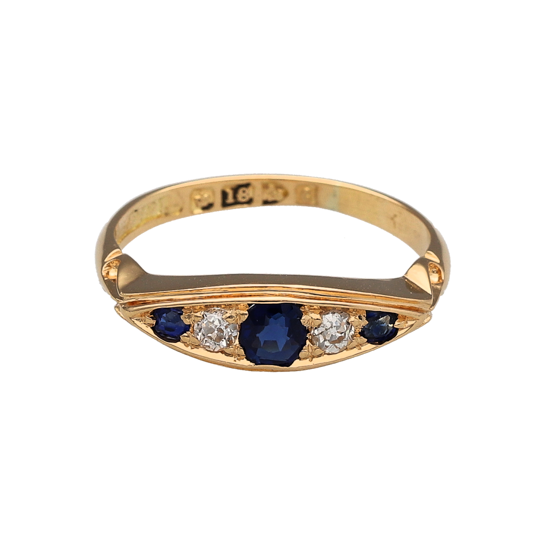 18ct Gold Diamond & Sapphire Set Vintage Edwardian Style Boat Ring