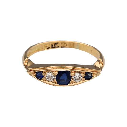 18ct Gold Diamond & Sapphire Set Vintage Edwardian Style Boat Ring