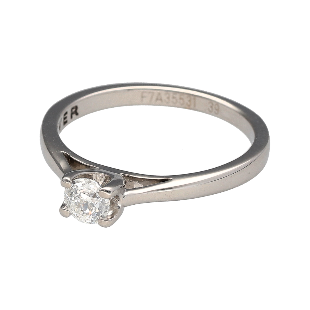 Bring timeless elegance and refined sparkle to your collection with this pre-owned 18ct white gold diamond solitaire ring—an enduring classic with sophisticated appeal.

Design: This elegant solitaire ring showcases a brilliant-cut diamond of approximately 0.39ct, offering beautiful sparkle and classic proportions. With an approximate clarity of SI1 and colour graded J–K, the diamond presents a bright, attractive appearance with natural character.