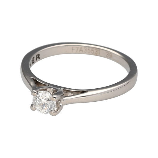 Bring timeless elegance and refined sparkle to your collection with this pre-owned 18ct white gold diamond solitaire ring—an enduring classic with sophisticated appeal.

Design: This elegant solitaire ring showcases a brilliant-cut diamond of approximately 0.39ct, offering beautiful sparkle and classic proportions. With an approximate clarity of SI1 and colour graded J–K, the diamond presents a bright, attractive appearance with natural character.