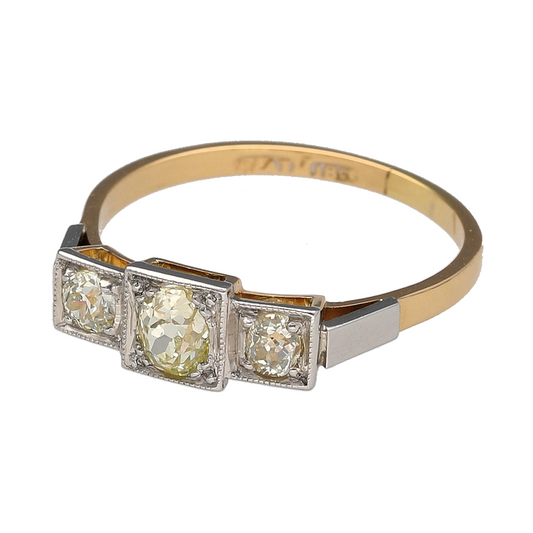 Bring striking vintage character and timeless elegance to your jewellery collection with this pre-owned 18ct yellow gold & platinum diamond set Art Deco trilogy ring, showcasing period design and distinctive antique sparkle.

Design: The ring features a classic Art Deco trilogy arrangement, with three old cut diamonds set across the front, reflecting the bold geometry and refined symmetry typical of the era.