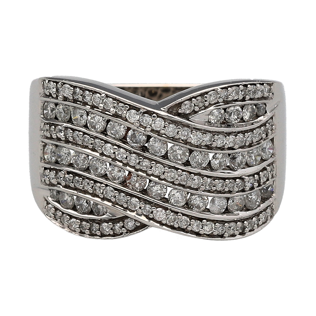 18ct White Gold & Diamond Set Seven Row Crossover Wide Band Ring
