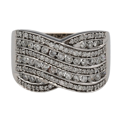 18ct White Gold & Diamond Set Seven Row Crossover Wide Band Ring