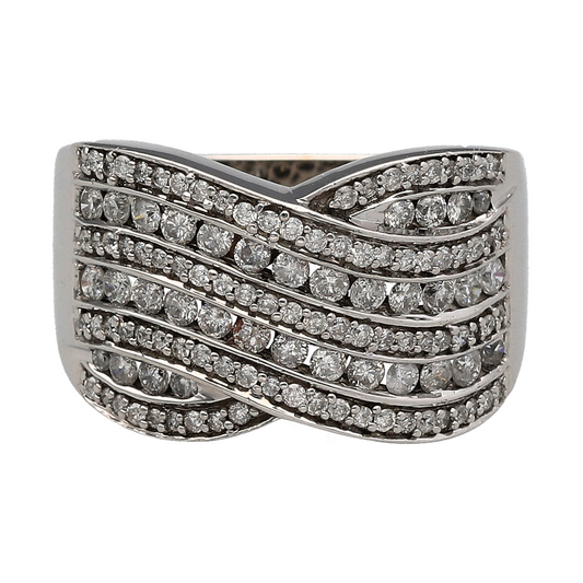 18ct White Gold & Diamond Set Seven Row Crossover Wide Band Ring