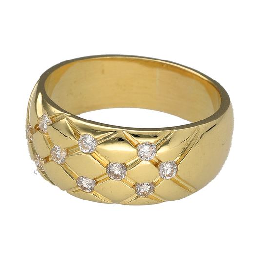 Bring bold elegance and refined sparkle to your jewellery collection with this pre-owned 18ct yellow gold diamond set wide criss cross band ring, a striking design with luxurious presence.

Design: The ring features a wide criss-cross style front measuring 9mm across, creating a layered and eye-catching look that adds depth and movement to the design.
Material: Made from polished 18-carat yellow gold, the rich golden tone enhances the flowing criss-cross pattern and highlights the sparkle of the diamonds.