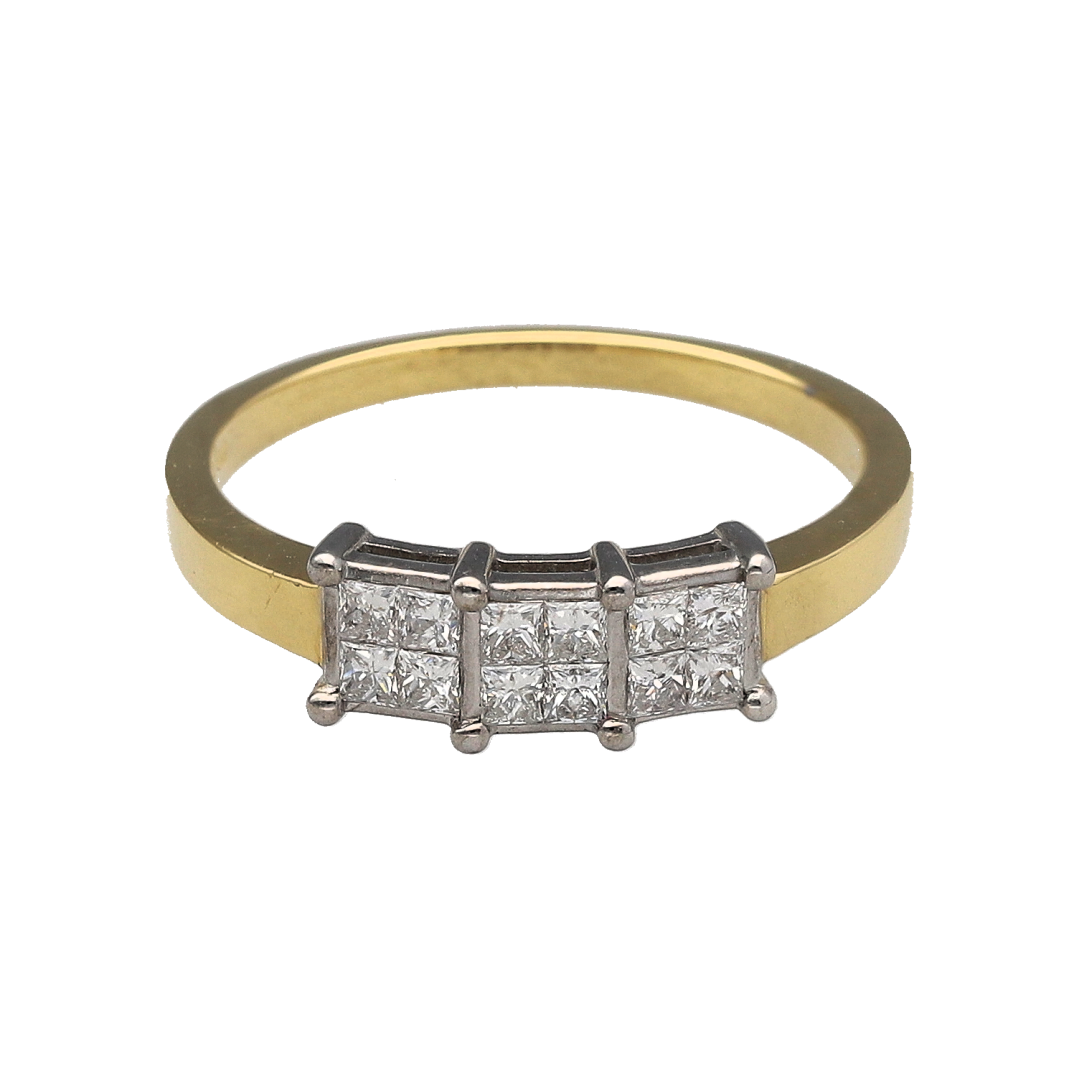 18ct Gold & Diamond Illusion Set Princess Cut Trilogy Ring