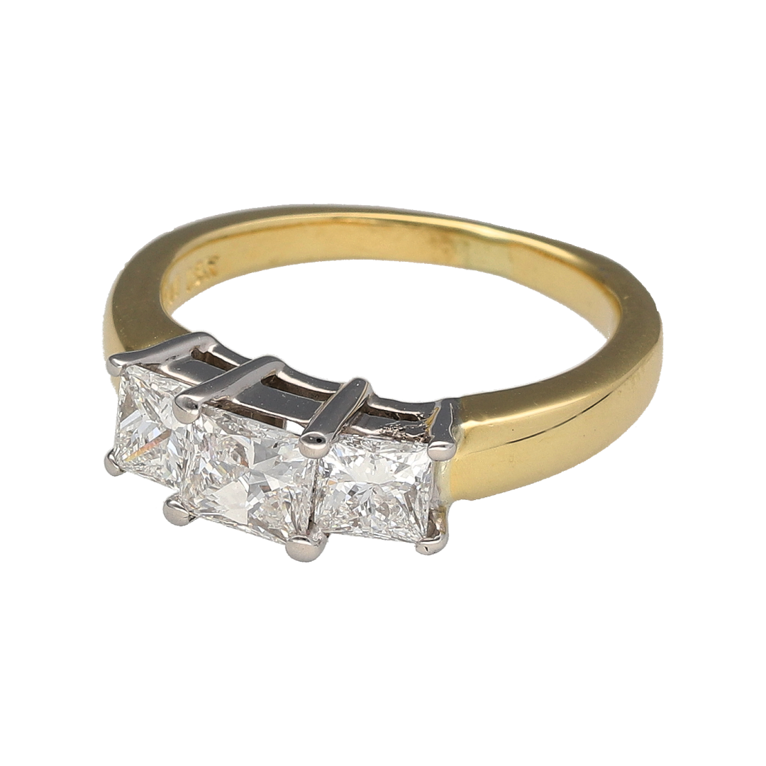 Bring refined luxury and timeless symbolism to your jewellery collection with this pre-owned 18ct yellow gold diamond set princess cut trilogy ring, showcasing exceptional sparkle and elegant balance—perfect for a statement ring or a meaningful gift.

Design: The ring features three princess-cut diamonds arranged in a classic trilogy style, representing past, present, and future. The clean lines of the princess cuts create a bold yet sophisticated look.