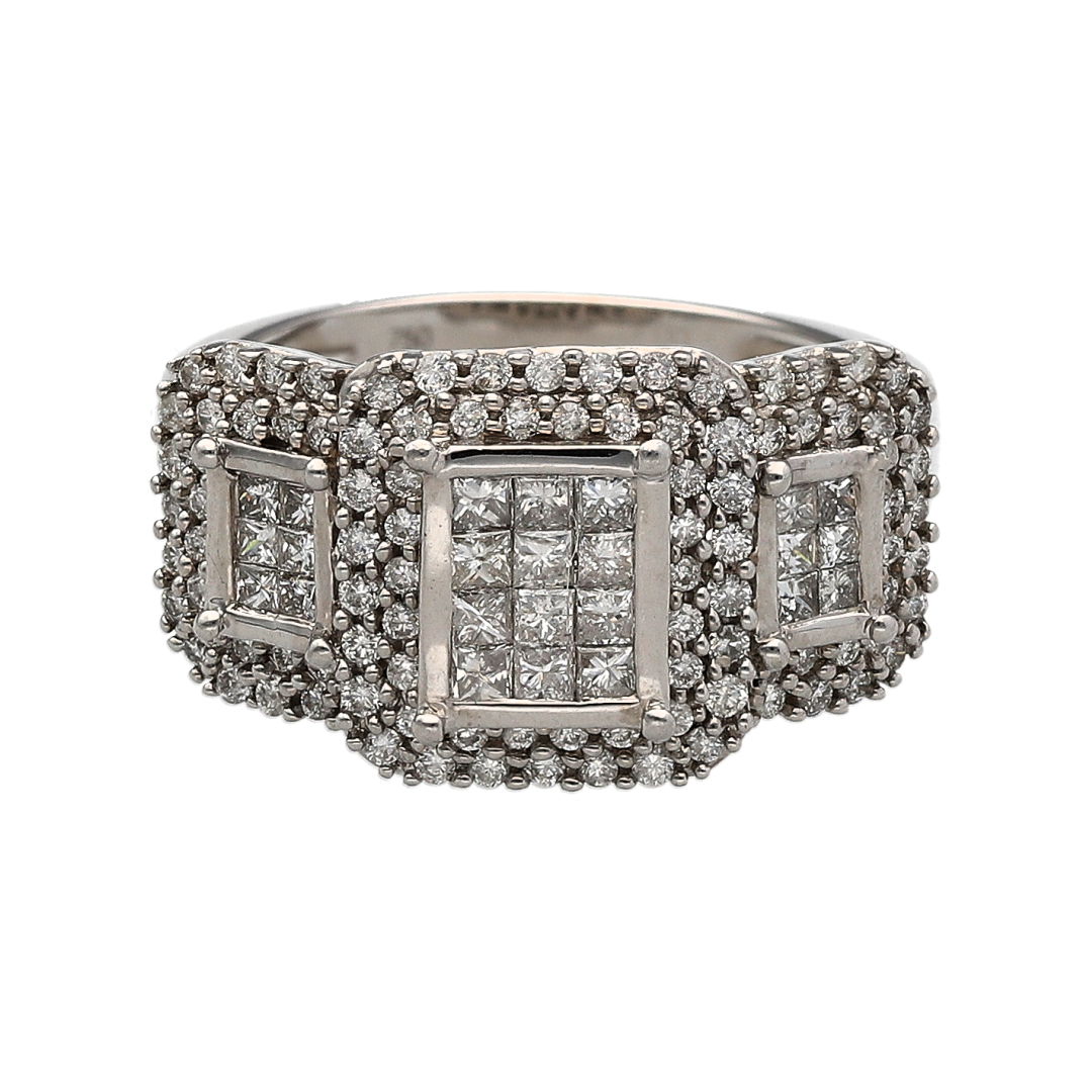 18ct White Gold Halo Trilogy Ring