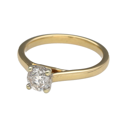 Add timeless elegance and classic sparkle to your jewellery collection with this pre-owned 14ct yellow gold diamond solitaire ring, offering refined simplicity with a striking focal point.

Design: This solitaire ring features a four-claw design holding a brilliant cut diamond measuring approximately 0.66ct, creating a bright and eye-catching centrepiece. The diamond has an estimated clarity of I1 and colour grade K, giving it a warm and traditional brilliance.