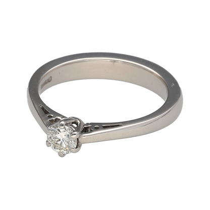 Add classic elegance and enduring quality to your jewellery collection with this pre-owned platinum diamond solitaire ring, offering timeless design with refined sparkle.

Design: This solitaire ring features a six-claw setting holding a brilliant cut diamond measuring approximately 0.25ct, creating a bright and elegant focal point. The diamond has an estimated clarity of SI1 and a colour range of K–M, giving it a warm, traditional brilliance.