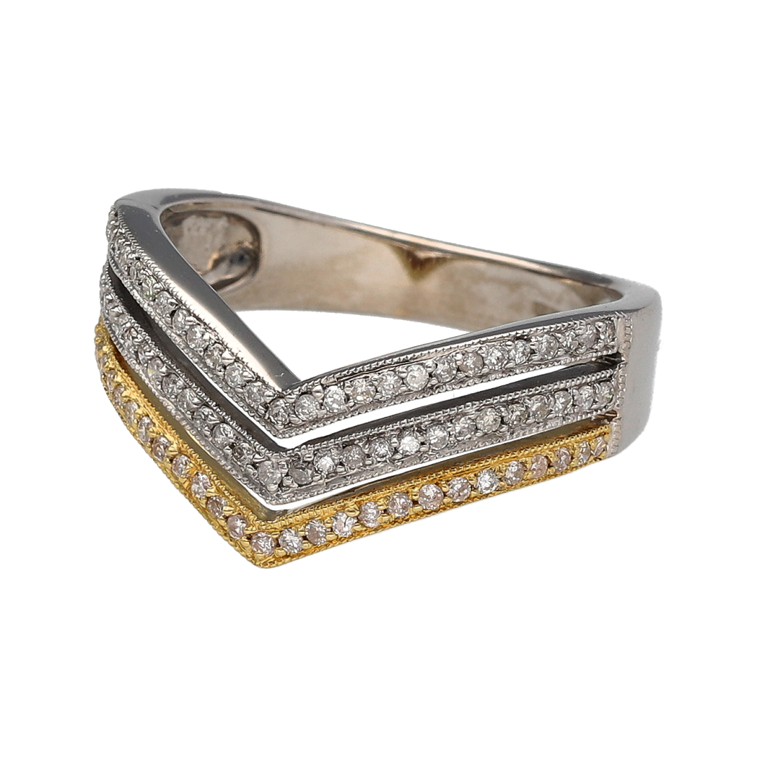 Add striking sparkle and modern elegance to your jewellery collection with this pre-owned 18ct white and yellow gold diamond set three row wishbone ring—an eye-catching design perfect for special occasions or standout everyday wear.

Design: The ring features a distinctive three row wishbone formation across the front, measuring approximately 7mm wide. The layered V-shaped design creates depth and dimension, while diamond accents add refined brilliance throughout the centre row.