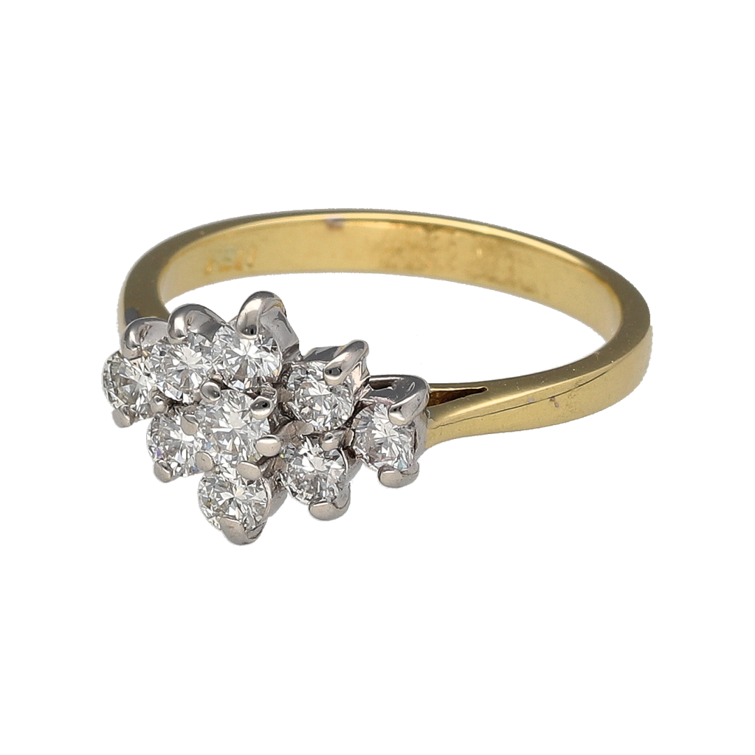 Add a touch of timeless elegance to your jewellery collection with this pre-owned 18ct yellow gold diamond set cluster ring, combining classic design with eye-catching sparkle—perfect for special occasions or everyday luxury.

Design: The ring features a traditional cluster design, with multiple diamonds grouped together to create a bold and radiant focal point.
Material: Made from 18-carat yellow gold, it has a polished finish that enhances its rich, warm tone and the brilliance of the diamonds.