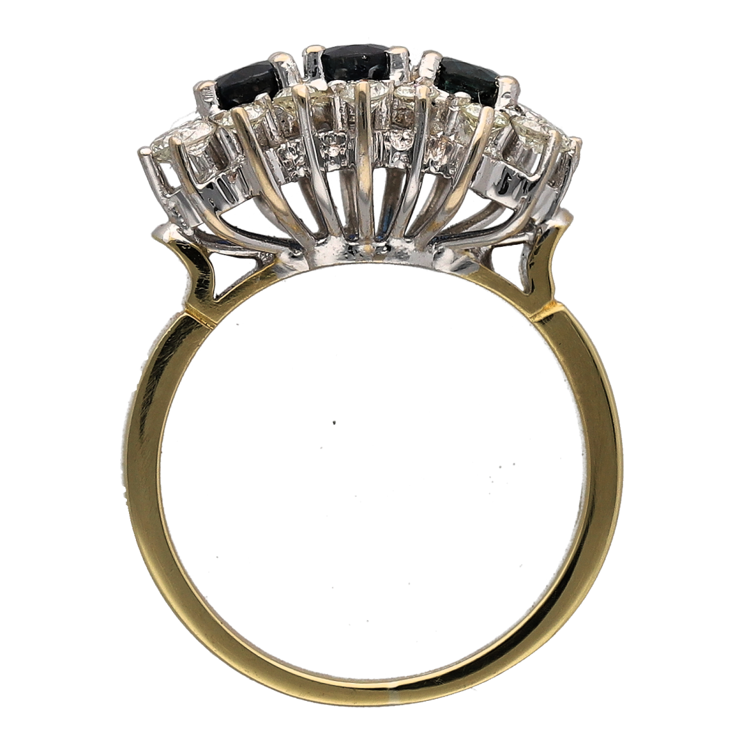 18ct Gold Diamond & Sapphire Set Trilogy Cluster Ring