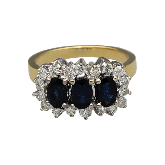 18ct Gold Diamond & Sapphire Set Trilogy Cluster Ring