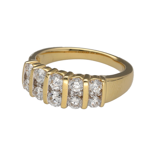 Add bold luxury and exceptional sparkle to your jewellery collection with this pre-owned 18ct yellow gold diamond set double row band ring—an eye-catching piece perfect for making a statement.

Design: This ring features a striking double row design, set with ten main brilliant-cut diamonds arranged across two rows, separated by polished bars of gold. Smaller diamonds are set in between, creating a layered and highly detailed look.