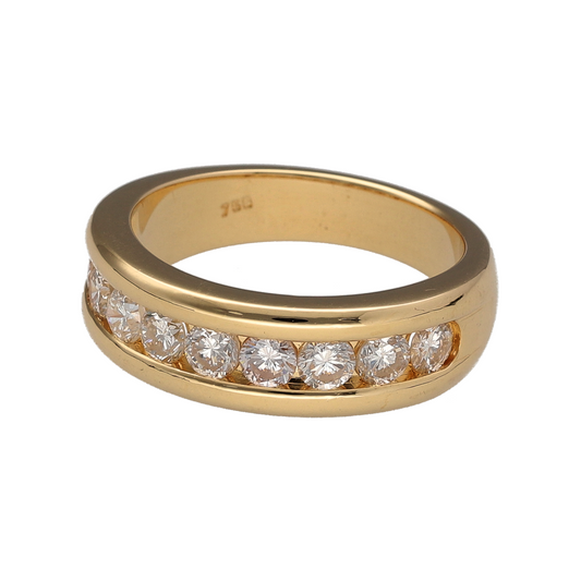 Add exceptional sparkle and timeless elegance to your jewellery collection with this pre-owned 18ct yellow gold diamond set nine stone band ring—an impressive piece perfect for special occasions or everyday luxury.

Design: This band ring features a bold 6mm wide front, set with nine brilliant-cut diamonds arranged in a classic and eye-catching formation, creating a strong and balanced look across the finger.