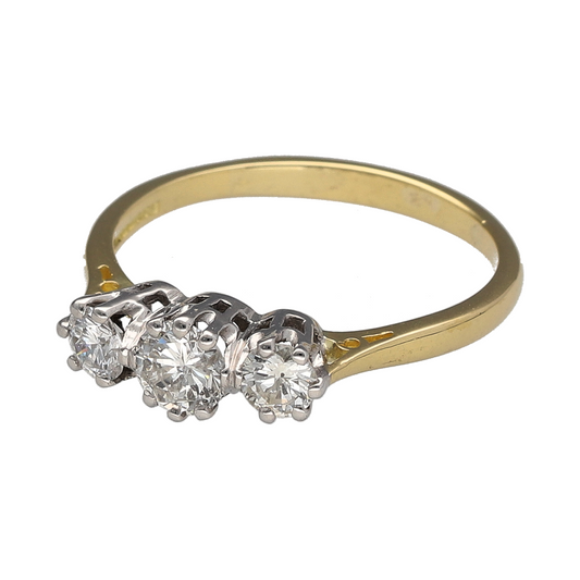 Add timeless elegance and exceptional sparkle to your jewellery collection with this pre-owned 18ct yellow gold diamond set trilogy ring—an exquisite piece perfect for special occasions or everyday luxury.

Design: This trilogy ring features three sparkling diamonds arranged in a classic formation, creating a balanced and eye-catching focal point with a refined and elegant finish.