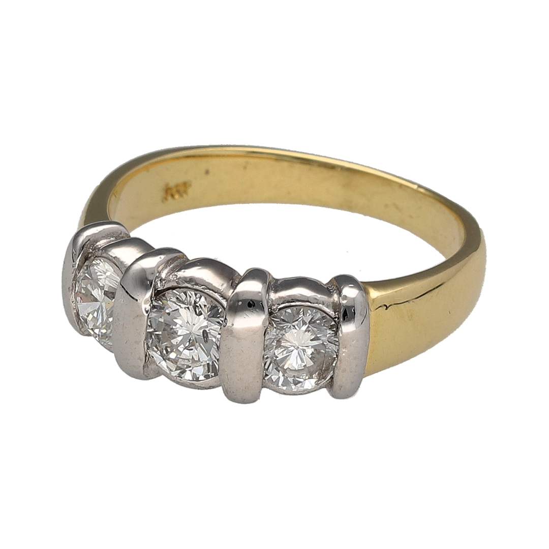 Add timeless elegance and exceptional sparkle to your jewellery collection with this pre-owned 18ct yellow gold diamond set trilogy ring—an exquisite piece perfect for special occasions or everyday luxury.

Design: This trilogy ring features three brilliant-cut diamonds arranged in a classic formation, set in white gold to enhance their brilliance and create a striking contrast against the yellow gold band.