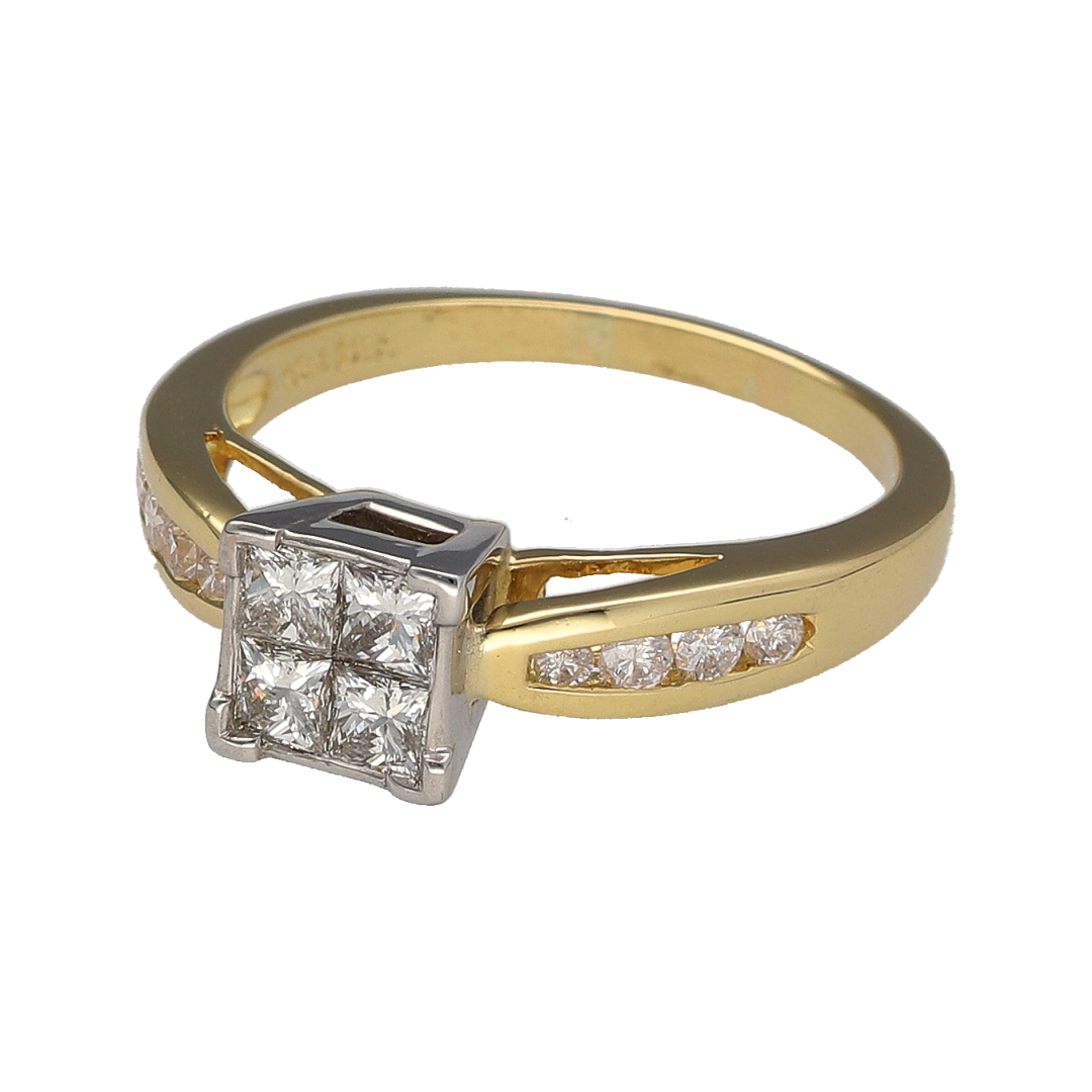 Add bold sparkle and elegant design to your jewellery collection with this pre-owned 18ct yellow and white gold diamond illusion set solitaire ring—an eye-catching piece perfect for special occasions or everyday luxury.

Design: This ring features a striking illusion-set centre made up of four princess-cut diamonds, arranged together to create the appearance of a larger single stone. Diamond-set shoulders add extra brilliance and enhance the overall sparkle.