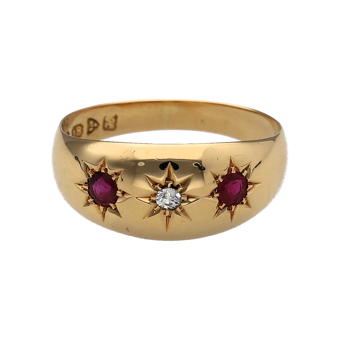 18ct Gold Diamond & Ruby Set Vintage Style Trilogy Band Ring