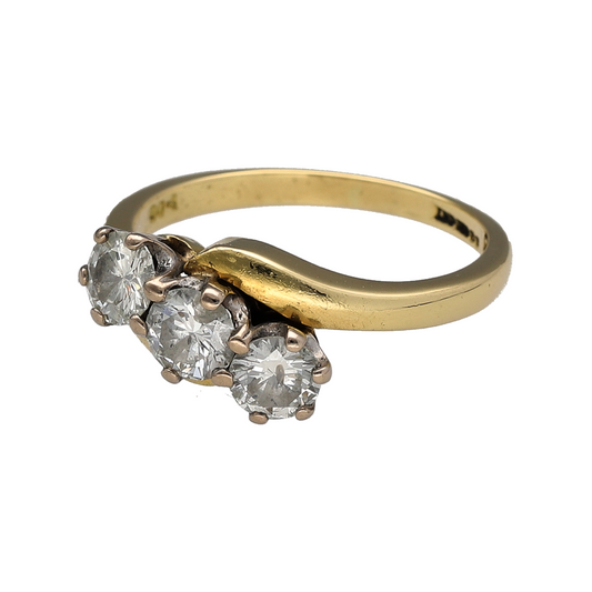 Bring exceptional sparkle and timeless elegance to your collection with this pre-owned 18ct yellow gold diamond trilogy twist ring, featuring a luxurious design with classic appeal—perfect for special occasions or meaningful moments.

Design: The ring showcases a trilogy arrangement of sparkling diamonds within an elegant twist setting, creating a flowing and eye-catching design with timeless sophistication.