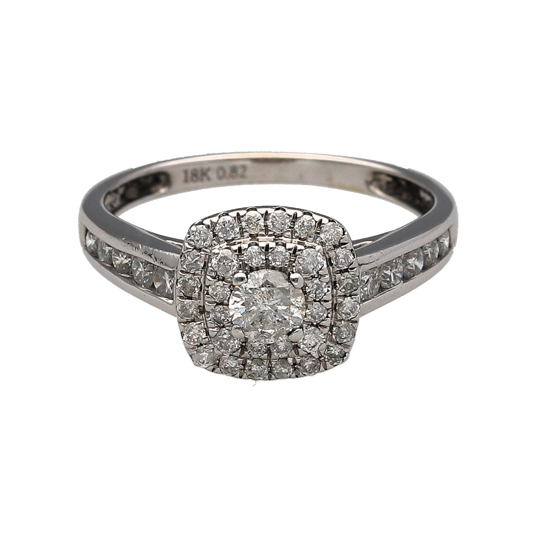 18ct White Gold & Diamond Set Square Halo Cluster Ring