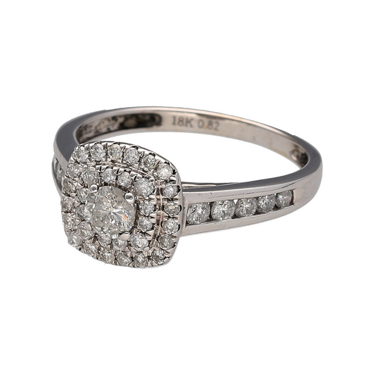 Add exceptional sparkle and contemporary elegance to your jewellery collection with this pre-owned 18ct white gold diamond set square halo cluster ring, featuring a striking multi-diamond design with luxurious statement appeal—perfect for engagements, special occasions, or glamorous everyday wear.

Design: The ring showcases a brilliant cut centre diamond surrounded by two rows of smaller diamonds in a bold square halo cluster design, creating impressive sparkle and a refined statement look.