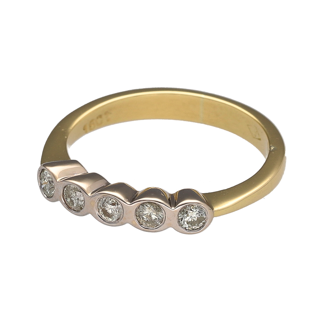 Add timeless sparkle and classic elegance to your jewellery collection with this pre-owned 18ct yellow gold diamond set five stone band ring, featuring a refined multi-diamond design with luxurious everyday appeal—perfect for anniversaries, special occasions, or sophisticated daily wear.

Design: The ring features five sparkling diamonds arranged across the band in a classic and elegant layout, with approximately 0.30ct of total diamond content creating beautiful light-catching brilliance.