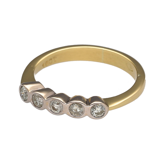 Add timeless sparkle and classic elegance to your jewellery collection with this pre-owned 18ct yellow gold diamond set five stone band ring, featuring a refined multi-diamond design with luxurious everyday appeal—perfect for anniversaries, special occasions, or sophisticated daily wear.

Design: The ring features five sparkling diamonds arranged across the band in a classic and elegant layout, with approximately 0.30ct of total diamond content creating beautiful light-catching brilliance.