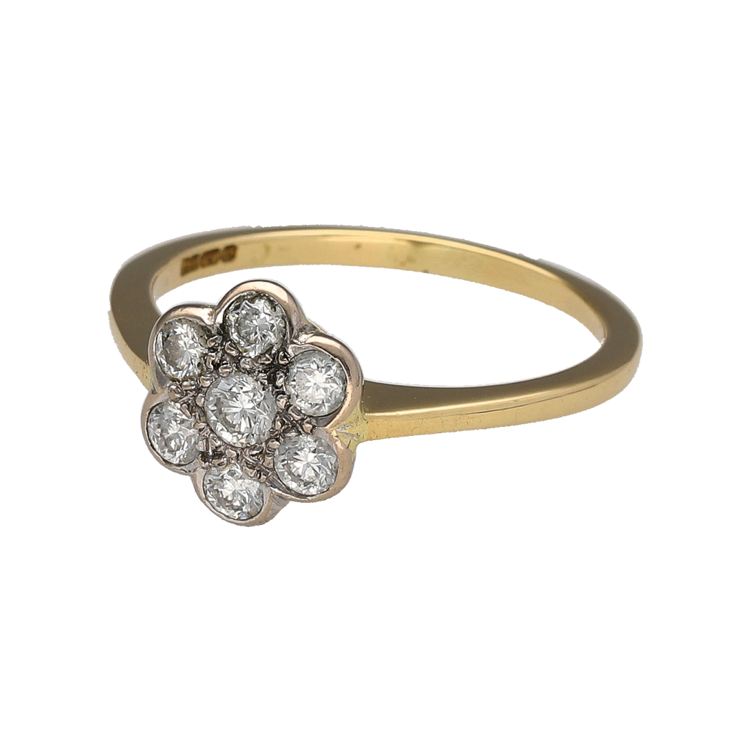 Add vintage-inspired elegance and timeless sparkle to your jewellery collection with this pre-owned 18ct yellow gold diamond flower cluster ring, featuring an Art Deco style daisy design with sophisticated statement appeal—perfect for special occasions, gifting, or luxurious everyday wear.

Design: The ring showcases a beautiful daisy-inspired diamond cluster measuring approximately 10mm high at the front.