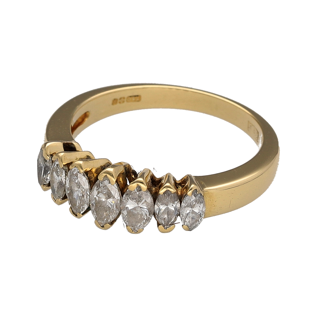 Add exceptional sparkle and timeless sophistication to your jewellery collection with this pre-owned 18ct yellow gold diamond five stone band ring, featuring a stunning marquise-cut diamond design with luxurious everyday appeal—perfect for anniversaries, special occasions, or treasured daily wear.

Design: The ring showcases five beautiful marquise cut diamonds arranged across the front of the band, creating an elegant and eye-catching display of brilliance.