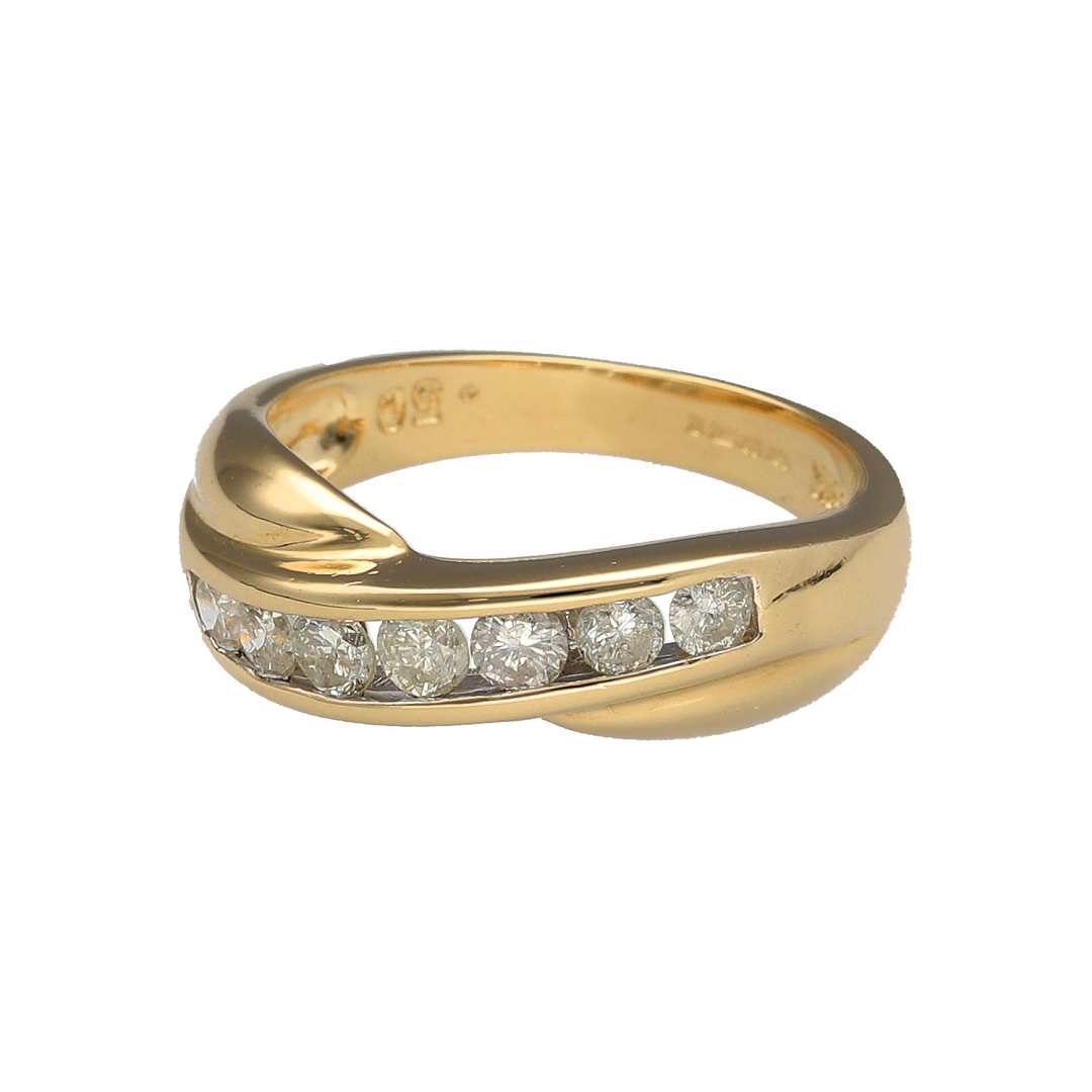 Add timeless sparkle and contemporary elegance to your jewellery collection with this pre-owned 18ct yellow gold diamond crossover band ring, featuring a sophisticated design with luxurious everyday appeal—perfect for anniversaries, special occasions, or refined daily wear.

Design: The ring showcases an elegant crossover band design measuring approximately 6mm wide at the front, creating a graceful and eye-catching appearance across the finger.